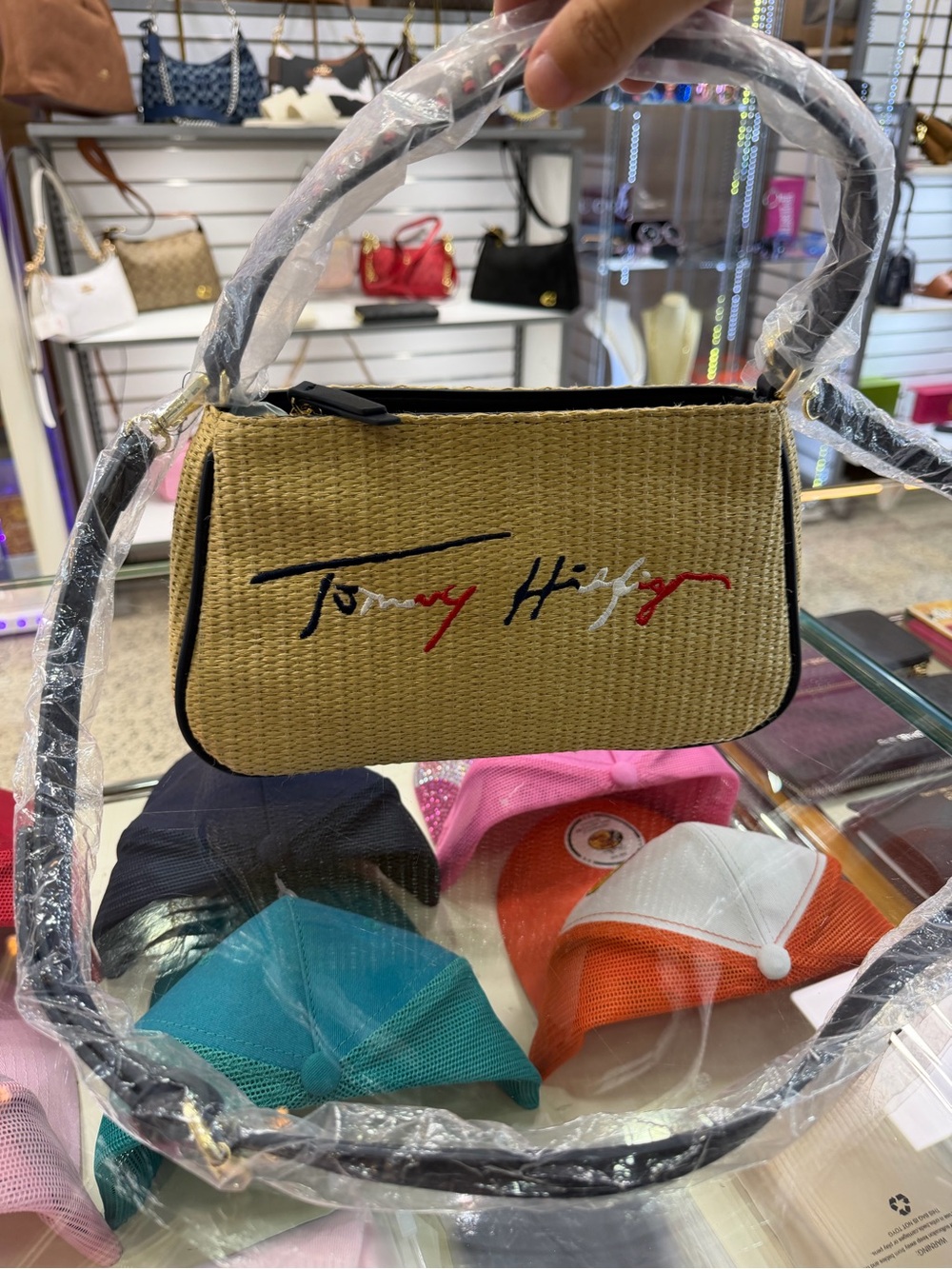 Tommy Hilfiger Straw Shoulder Bag with Signature Embroidery in Natural and Black
